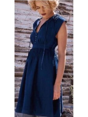 Anthropologie Maeve Dark Blue 100% Silk Smocked Waist Dress